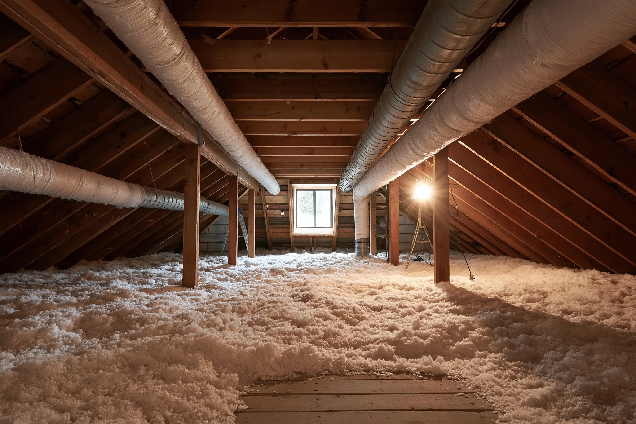 Attic of an older house with large insulated ducts running along the rafters and loose insulation across the floor
