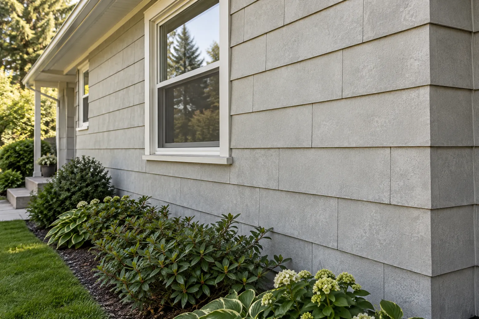 Gray cement-shingle siding on the exterior of a house